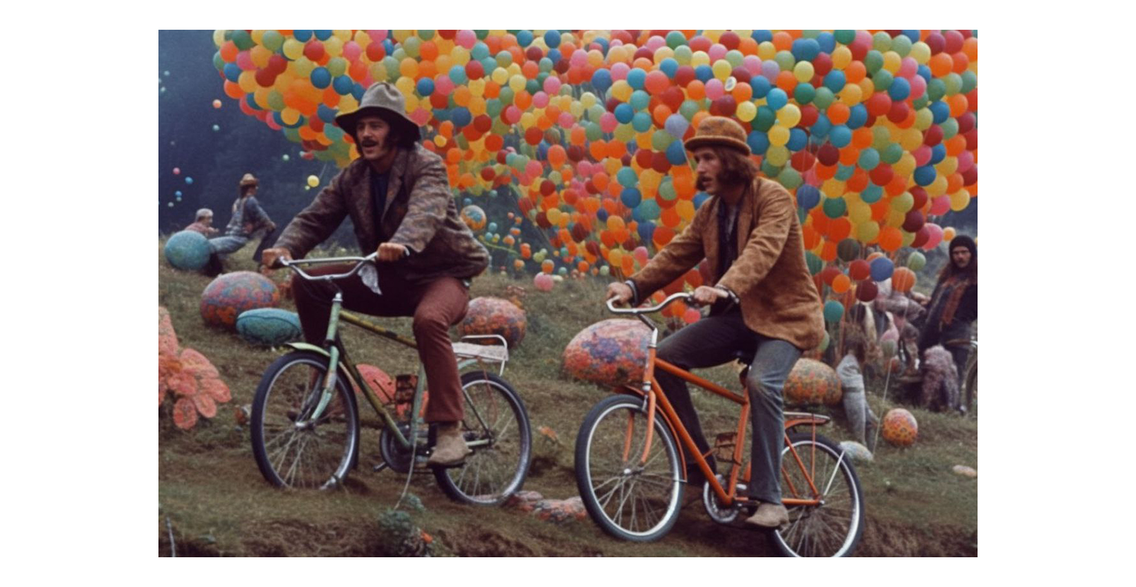 zwei Männer fahren auf einem Fahrrad auf einem Fest mit vielen Luftballons im Hintergrund