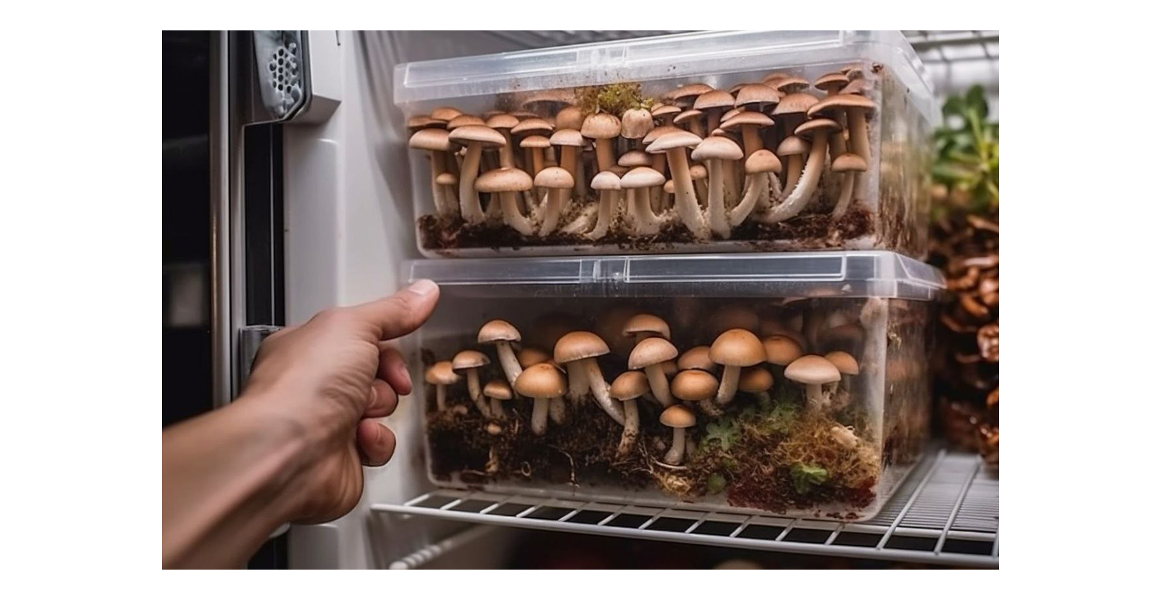 Ein Mann, der Magic Mushrooms aus einem Kühlschrank nimmt